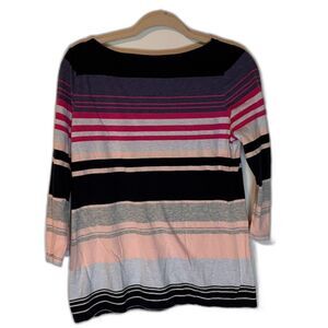 Talbots Top M Blue Pink White Stripe 3/4 Sleeve Preppy Coastal Classic Casual